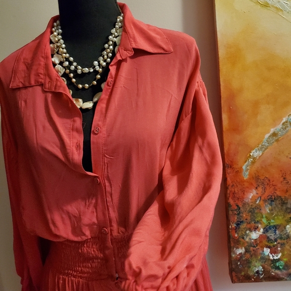 NWT DEX SMOCKED WAIST MAXI SUMMER SHIRT-DRESS ( SIZE L ) - Picture 7 of 11